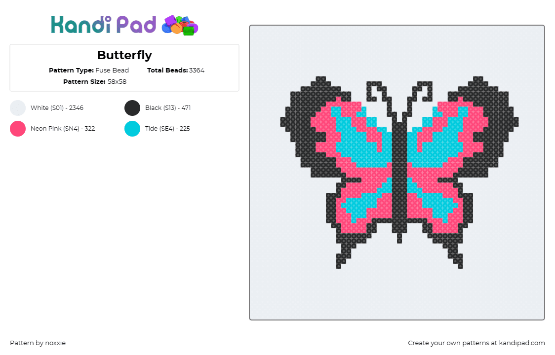 Butterfly - Fuse Bead Pattern by noxxie on Kandi Pad - butterfly,moth,insect,wings,colorful,pink,light blue,black