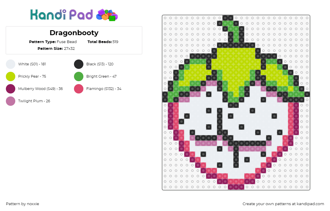 Dragonbooty - Fuse Bead Pattern by noxxie on Kandi Pad - booty,dragon fruit,butt,cute,funny,white,pink,green