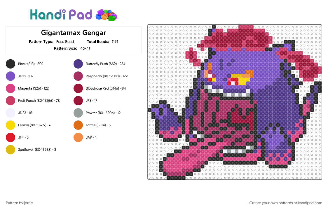 Gigantamax Gengar - Fuse Bead Pattern by jorec on Kandi Pad - pink, purple