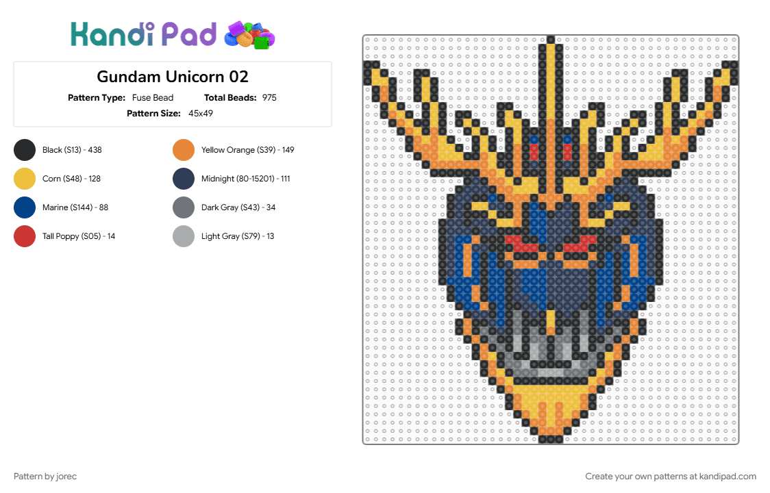 Gundam Unicorn 02 - Fuse Bead Pattern by jorec on Kandi Pad - black, blue, colorful, orange, yellow