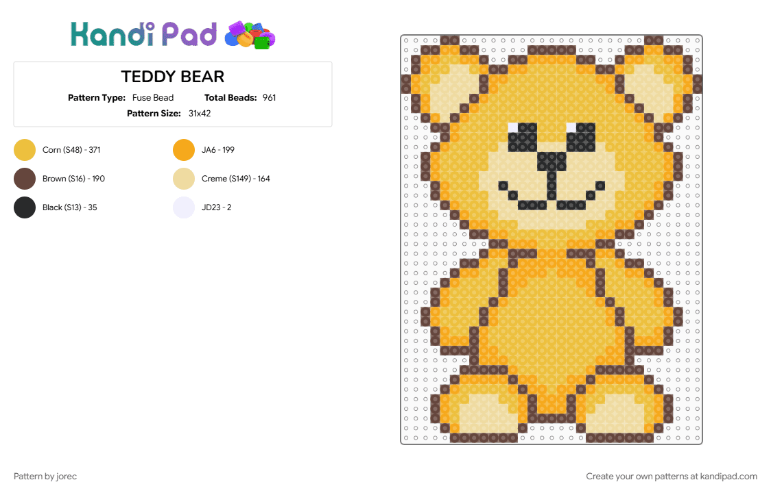 TEDDY BEAR - Fuse Bead Pattern by jorec on Kandi Pad - yellow