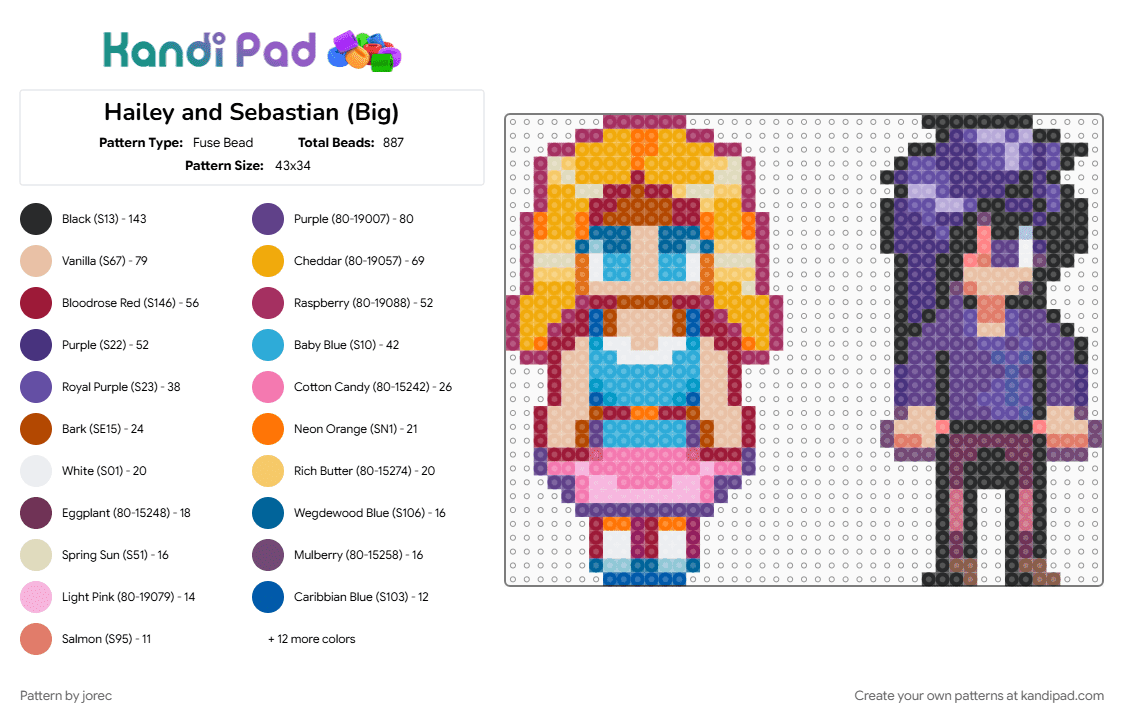 Hailey and Sebastian (Big) - Fuse Bead Pattern by jorec on Kandi Pad - character, colorful, gaming, nintendo, pink, purple, red, stardew valley, video game