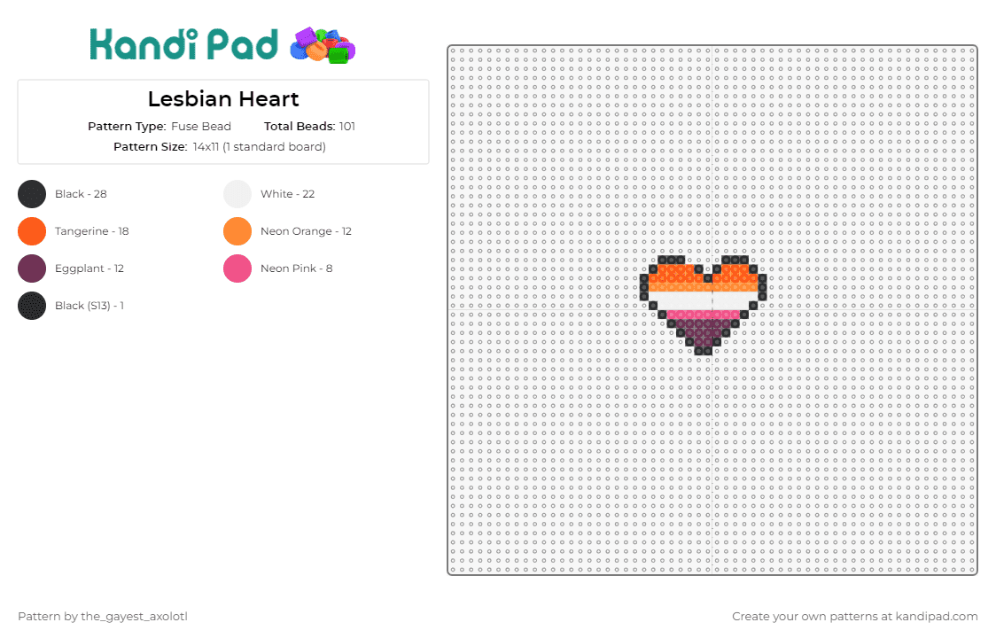 Lesbian Heart - Fuse Bead Pattern by the_gayest_axolotl on Kandi Pad - lesbian,pride,heart,love,lgbtq,symbol,identity,community,affection,orange