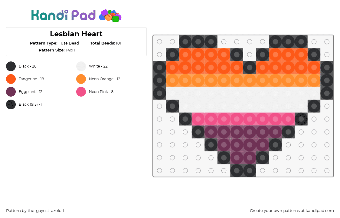 Lesbian Heart - Fuse Bead Pattern by the_gayest_axolotl on Kandi Pad - lesbian,pride,heart,love,lgbtq,symbol,identity,community,affection,orange