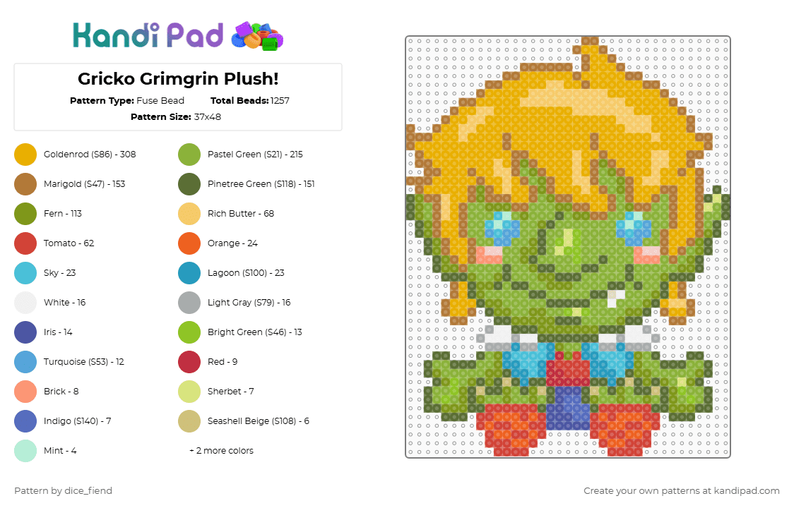 Gricko Grimgrin Plush! - Fuse Bead Pattern by dice_fiend on Kandi Pad - tan,orange,gold,green,ouaw,legends of avantris,gricko,gricko grimgrin,plush,chibi