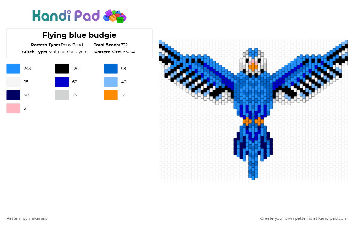 Flying blue budgie - Pony Bead Pattern by mikaniso on Kandi Pad - light blue,blue,purple