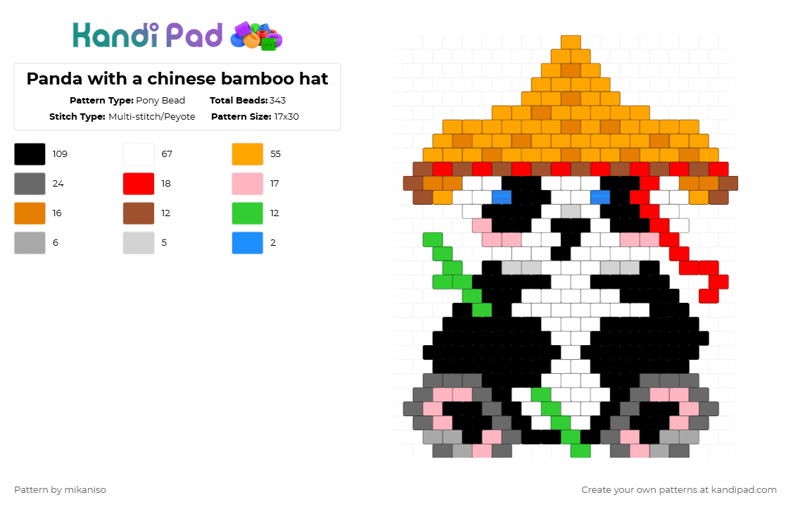 Panda with a chinese bamboo hat - Pony Bead Pattern by mikaniso on Kandi Pad - orange,red,gray