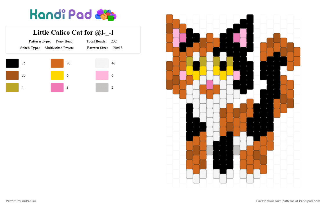 Little Calico Cat for @l-_-l - Pony Bead Pattern by mikaniso on Kandi Pad - orange, red