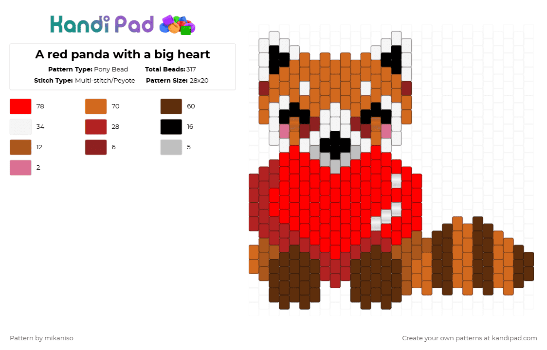 A red panda with a big heart - Pony Bead Pattern by mikaniso on Kandi Pad - orange,red,brown