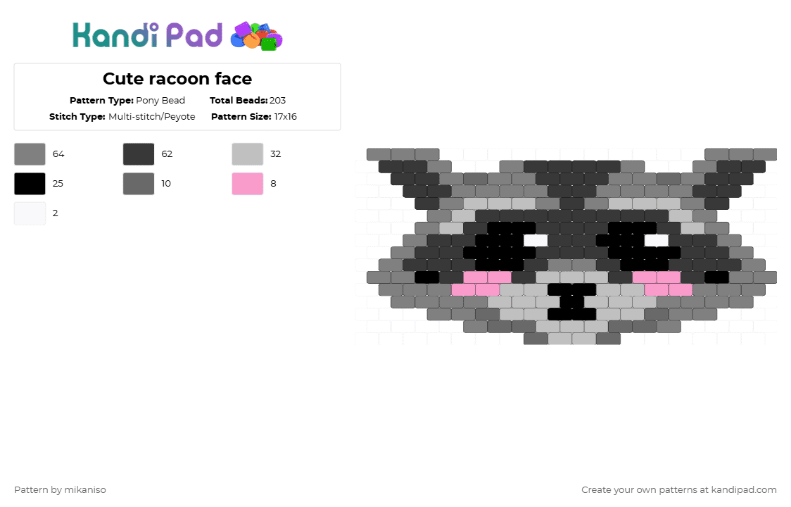 Cute racoon face - Pony Bead Pattern by mikaniso on Kandi Pad - gray
