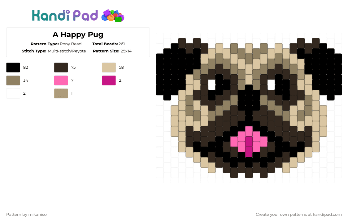 A Happy Pug - Pony Bead Pattern by mikaniso on Kandi Pad - pug,dog,animal,puppy,pet,beige,brown