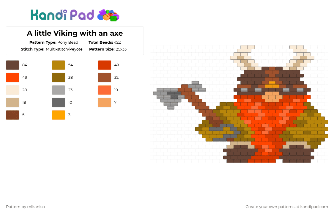 A little Viking with an axe - Pony Bead Pattern by mikaniso on Kandi Pad - viking,axe,character,person,warrior,brown,red,gold
