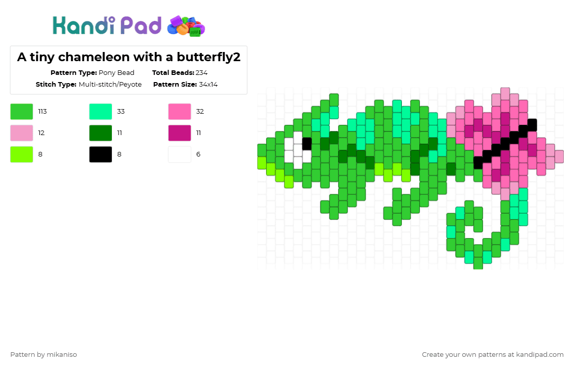 A tiny chameleon with a butterfly2 - Pony Bead Pattern by mikaniso on Kandi Pad - green