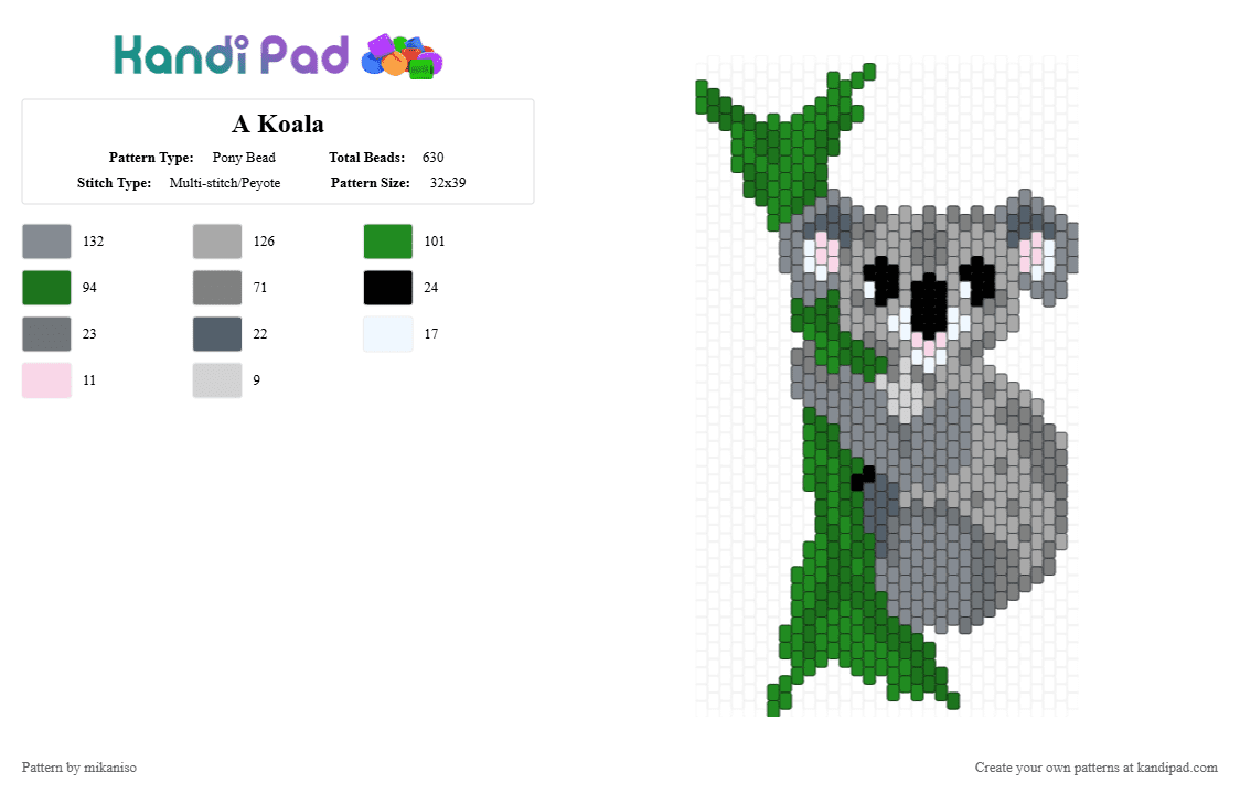 A Koala - Pony Bead Pattern by mikaniso on Kandi Pad - gray,green