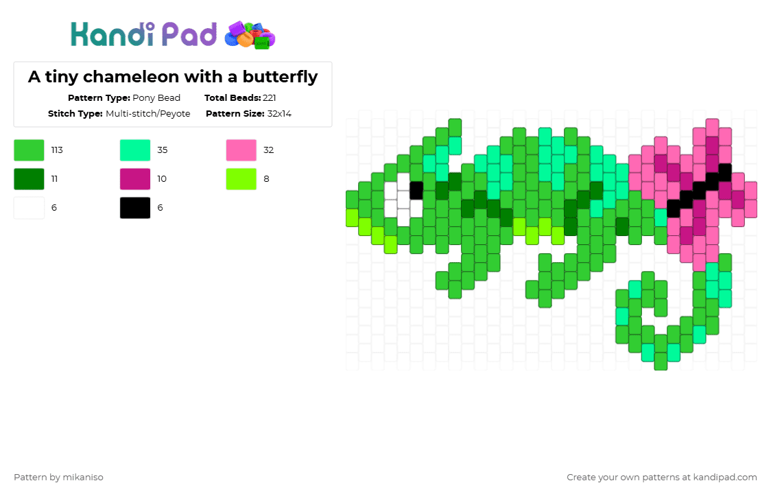 A tiny chameleon with a butterfly - Pony Bead Pattern by mikaniso on Kandi Pad - green