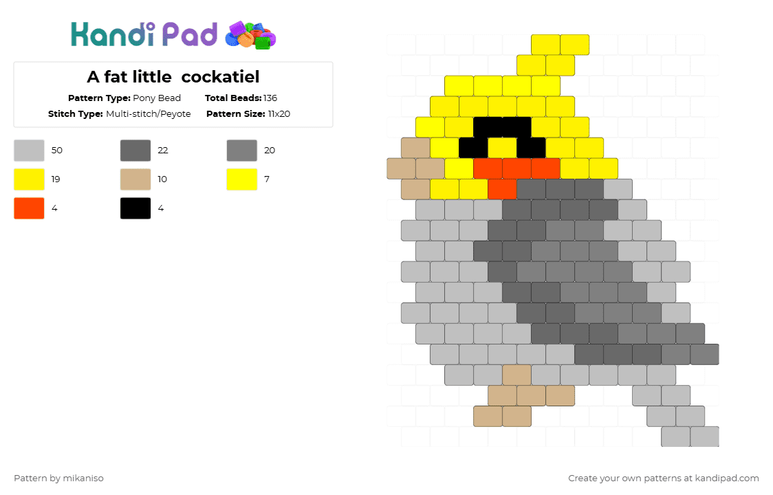 A fat little  cockatiel - Pony Bead Pattern by mikaniso on Kandi Pad - cockatiel,bird,plushy,pet,animal,beige,gray