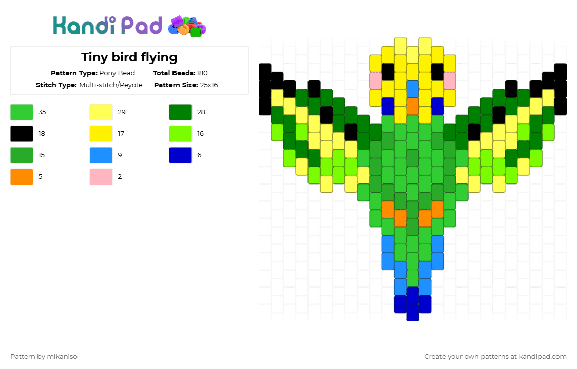 Tiny bird flying - Pony Bead Pattern by mikaniso on Kandi Pad - yellow,green