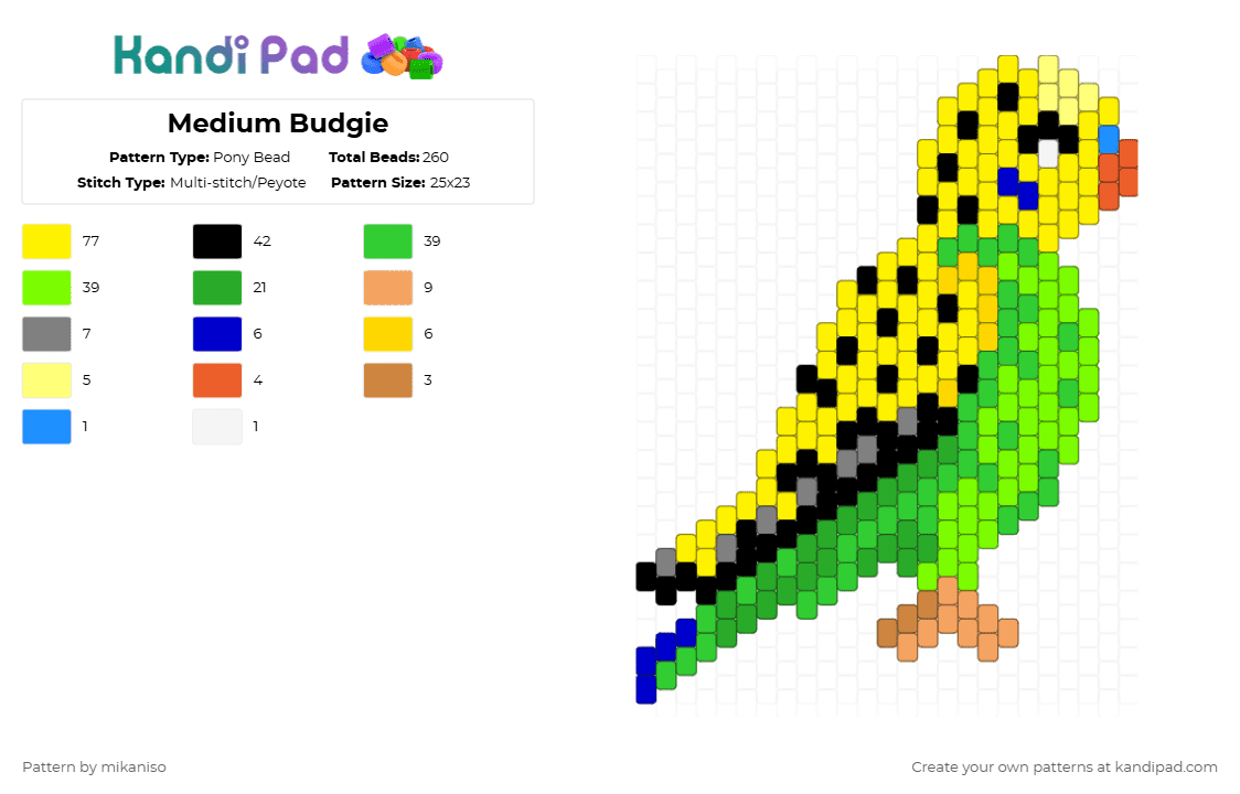 Medium Budgie - Pony Bead Pattern by mikaniso on Kandi Pad - yellow,green