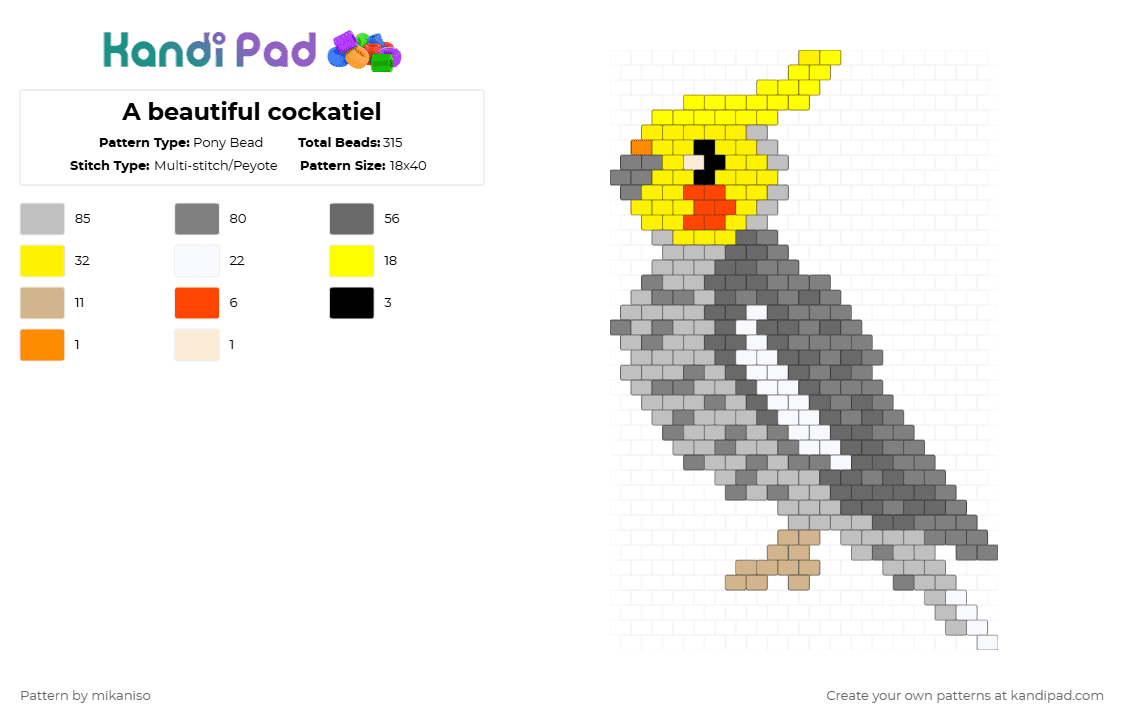 A beautiful cockatiel - Pony Bead Pattern by mikaniso on Kandi Pad - beige,gray