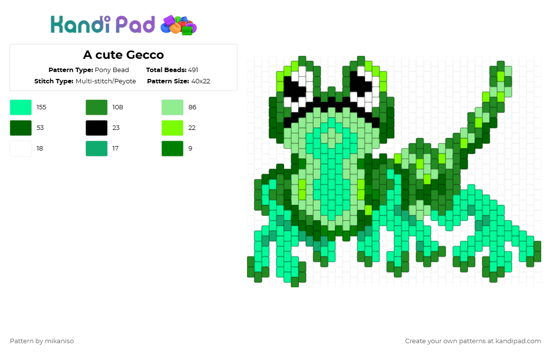 A cute Gecco - Pony Bead Pattern by mikaniso on Kandi Pad - green,teal