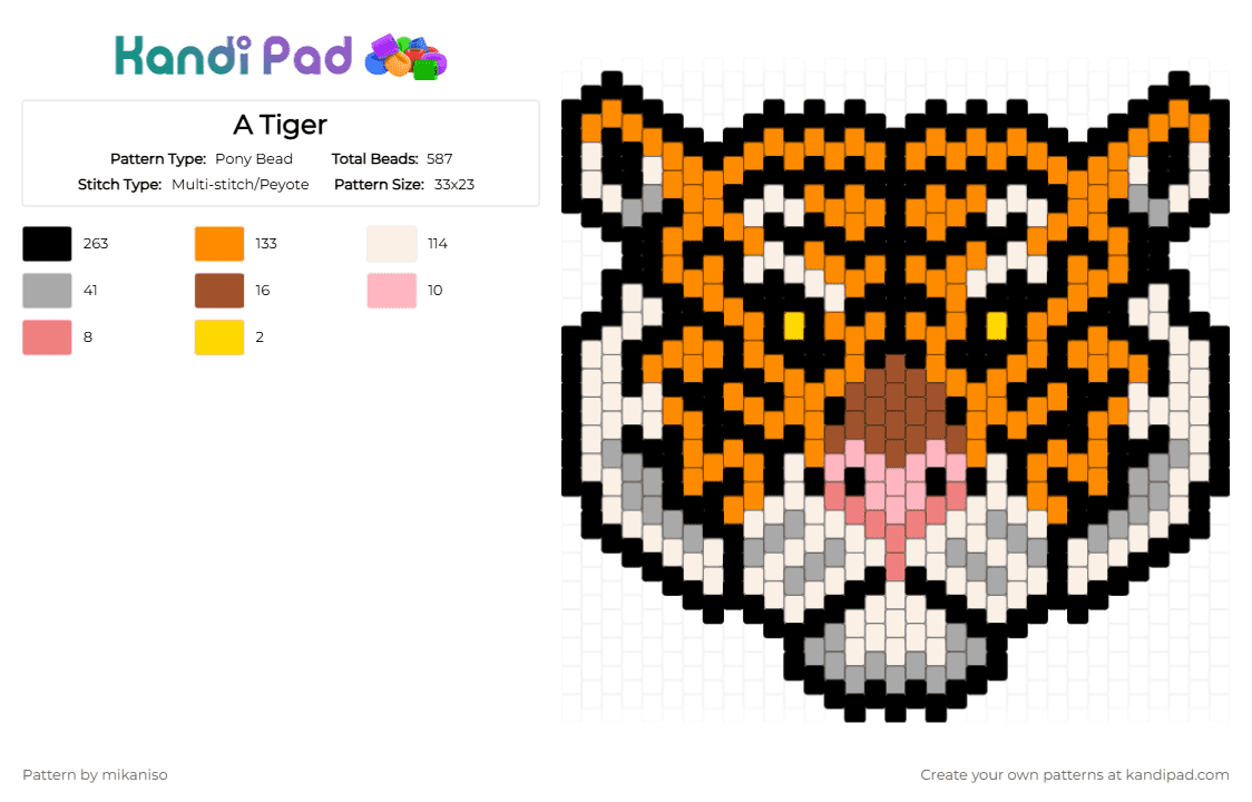 A Tiger - Pony Bead Pattern by mikaniso on Kandi Pad - black,orange,beige