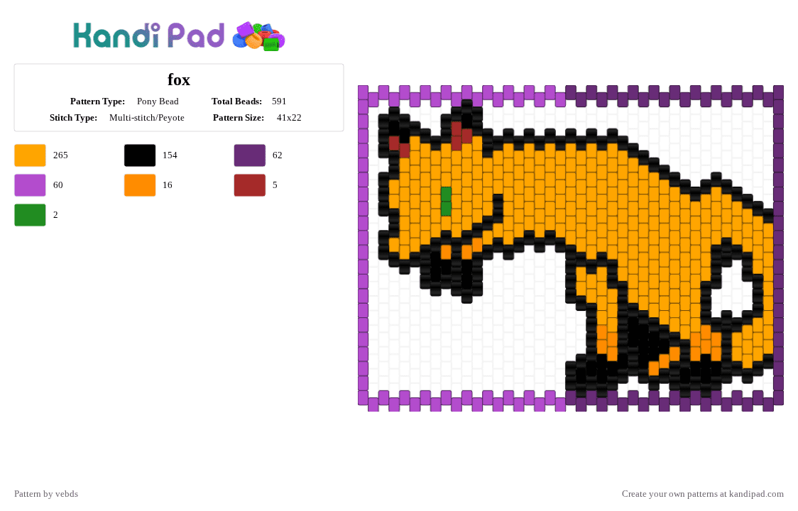 Fox Pony Bead Pattern - Kandi Pad | Kandi Patterns, Fuse Bead Patterns ...