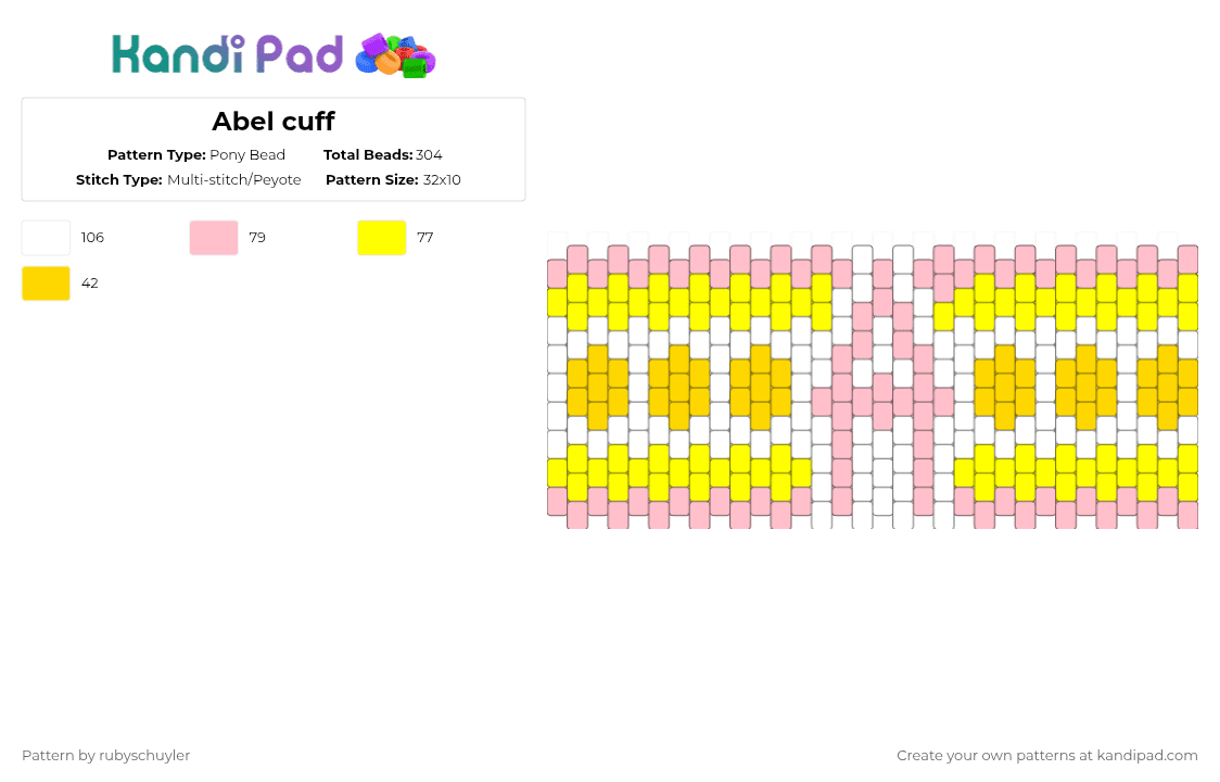 Abel cuff - Pony Bead Pattern by rubyschuyler on Kandi Pad - yellow,pink