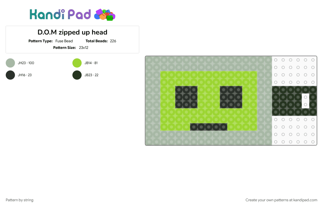 D.O.M zipped up head - Fuse Bead Pattern by string on Kandi Pad - beige, character, dom, green, head, indie show, niche, show, zipped up, zu