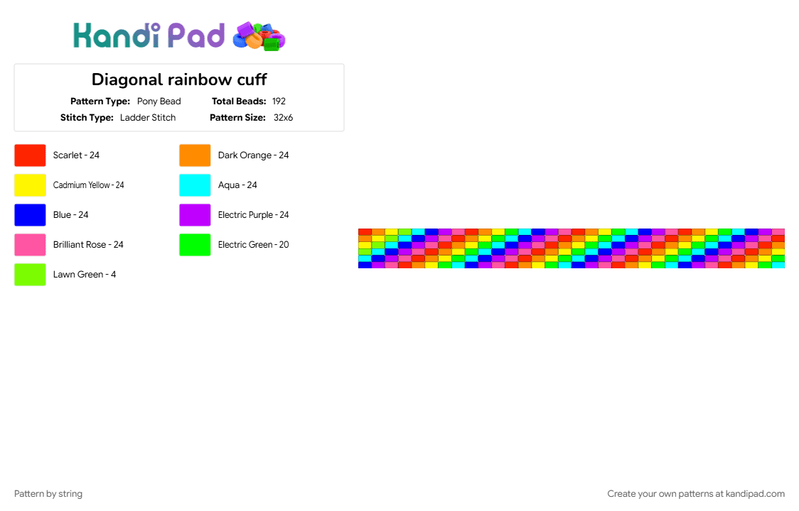 Diagonal rainbow cuff (READ DISCRIPTION BEFORE MAKING) - Pony Bead Pattern by string on Kandi Pad - colorful, cuff pattern, diagonal, ladder cuff, ladder stitch, purple, rainbow