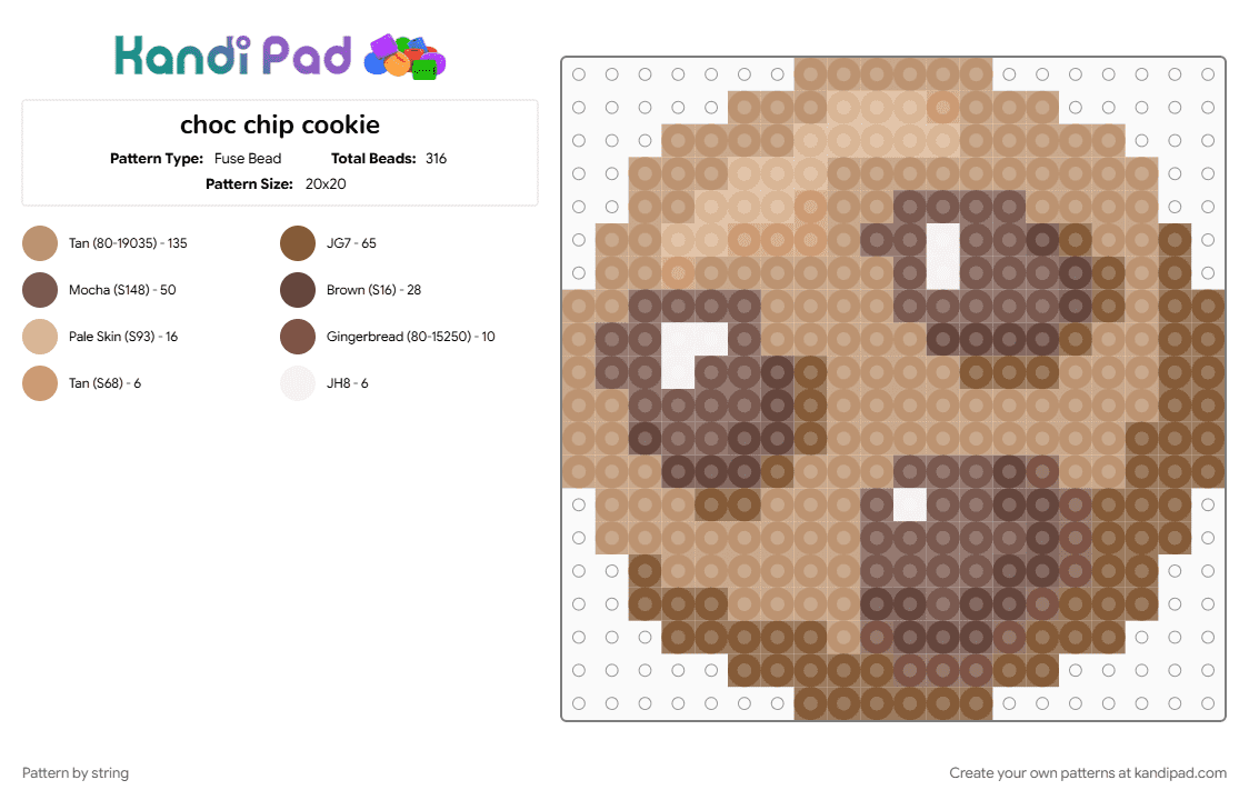 choc chip cookie - Fuse Bead Pattern by string on Kandi Pad - baking, beige, choc chip, chocolate, chocolate chip, chocolate chip cookies, cookie, food, tan, tasty
