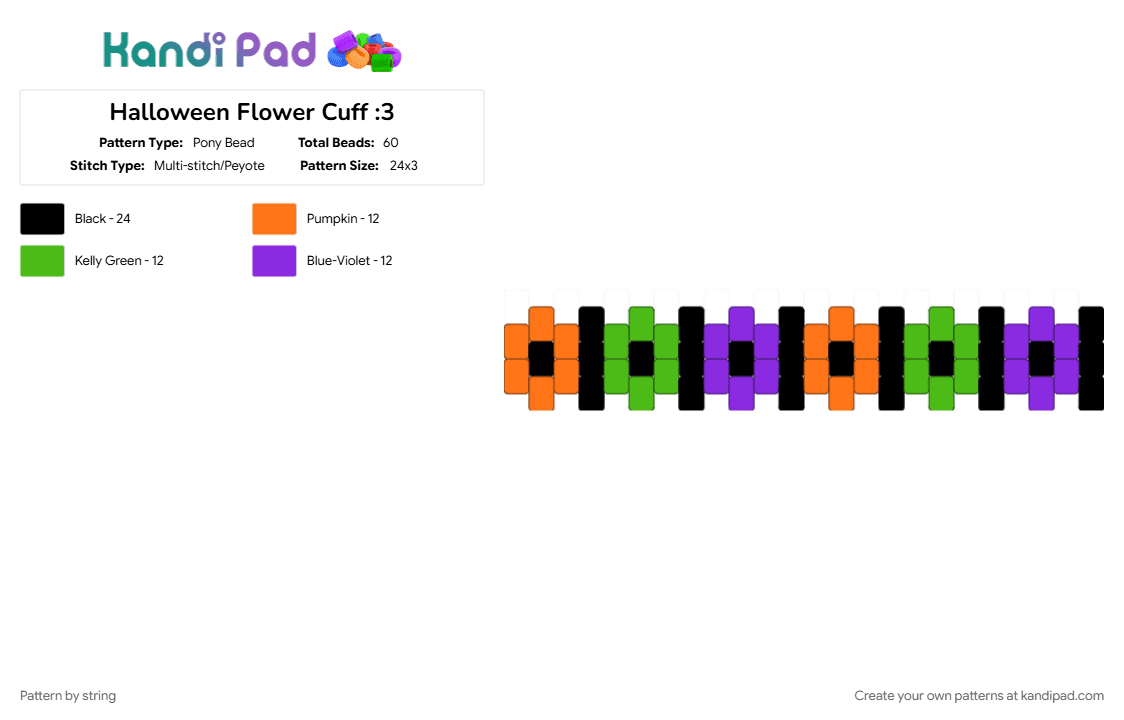 Halloween Flower Cuff :3 - Pony Bead Pattern by string on Kandi Pad - event, festival, green, halloween, october, orange, purple, scary, spooky