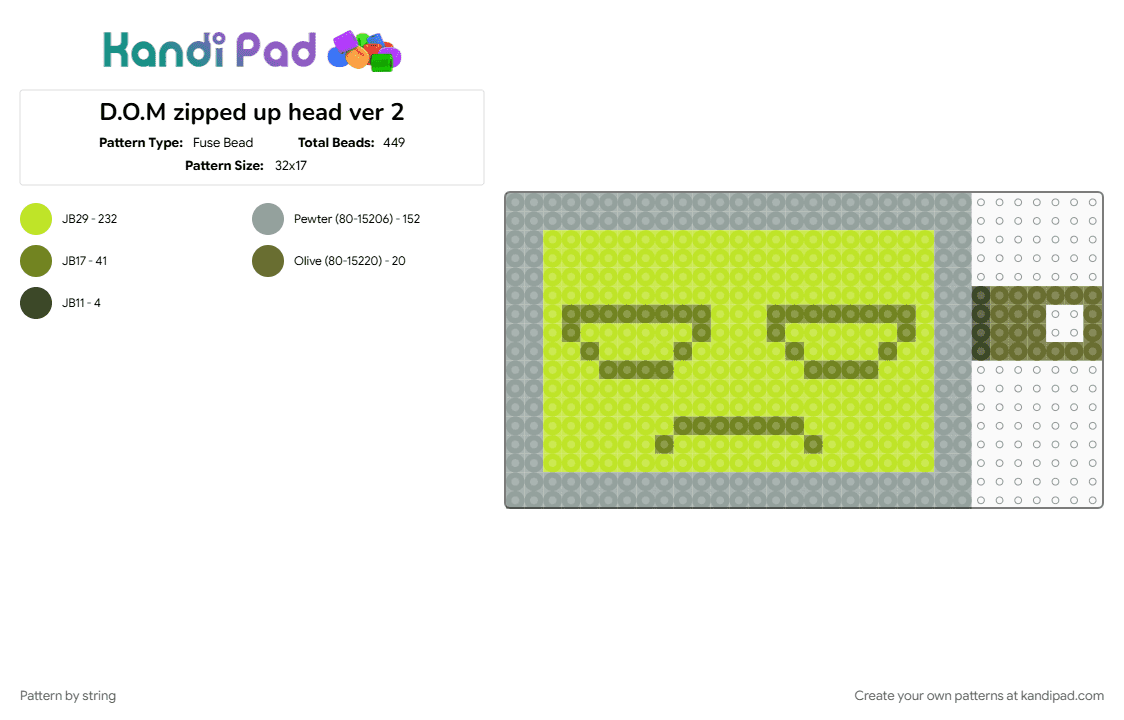 D.O.M zipped up head ver 2 - Fuse Bead Pattern by string on Kandi Pad - character, dom, gray, green, head, indie show, robot, tv head, villain, zipped up