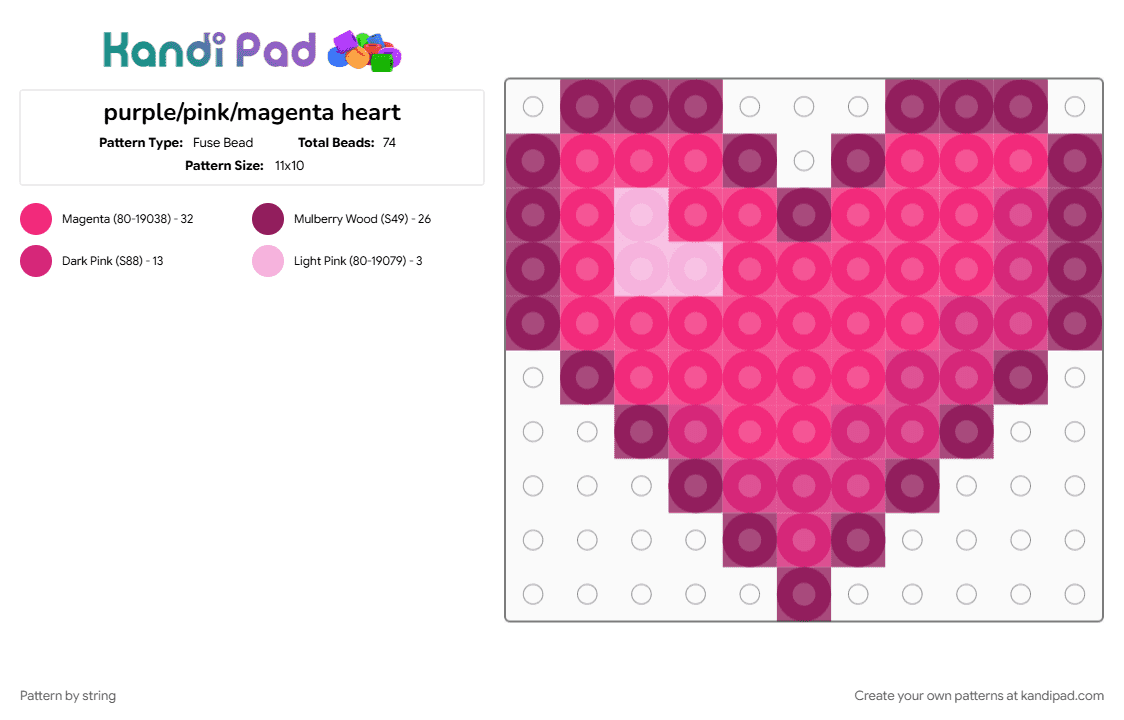 purple/pink/magenta heart - Fuse Bead Pattern by string on Kandi Pad - heart, love, love heart, magenta, pink, purple, small fuse bead, valentine