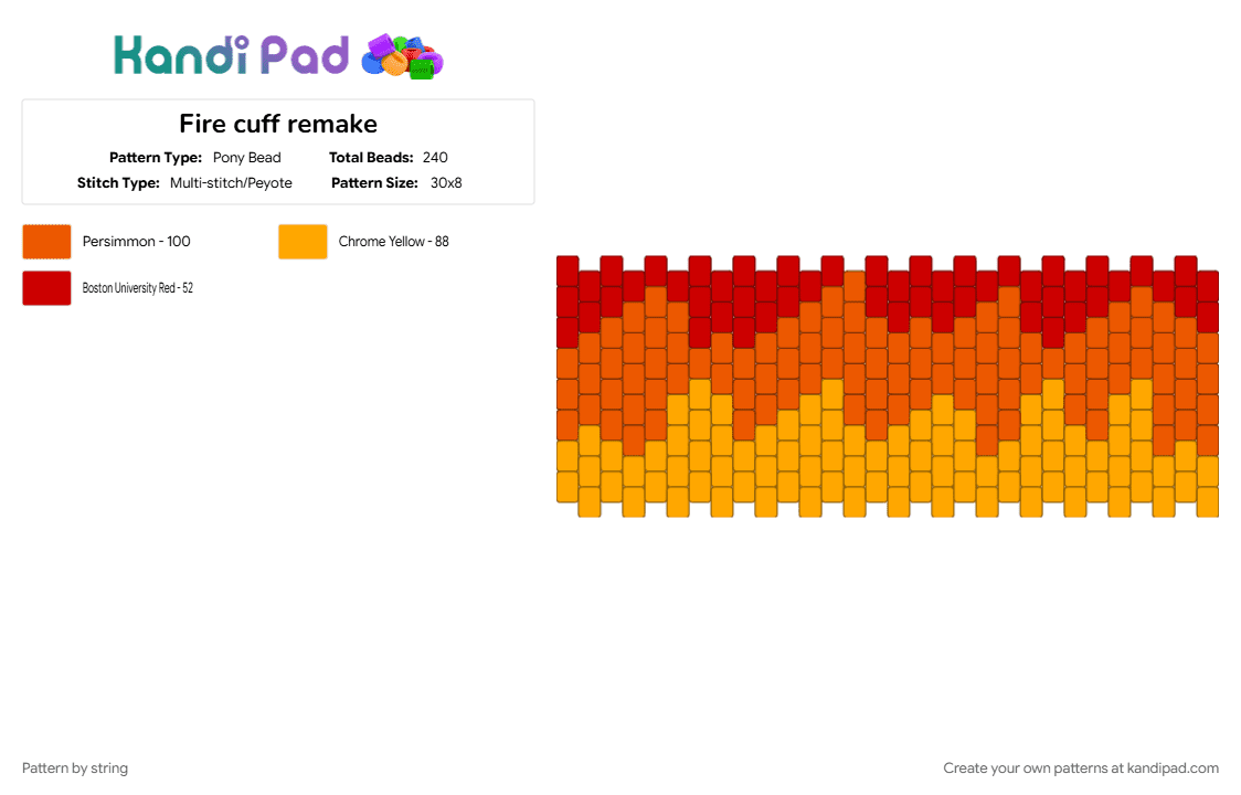 Fire cuff remake - Pony Bead Pattern by string on Kandi Pad - cuff, cuff pattern, fire, flames, heat, orange, red, warm colors