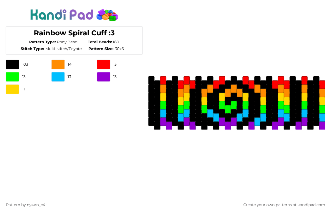 Rainbow Spiral Cuff :3 - Pony Bead Pattern by ny4an_c4t on Kandi Pad - black,orange,light blue,colorful