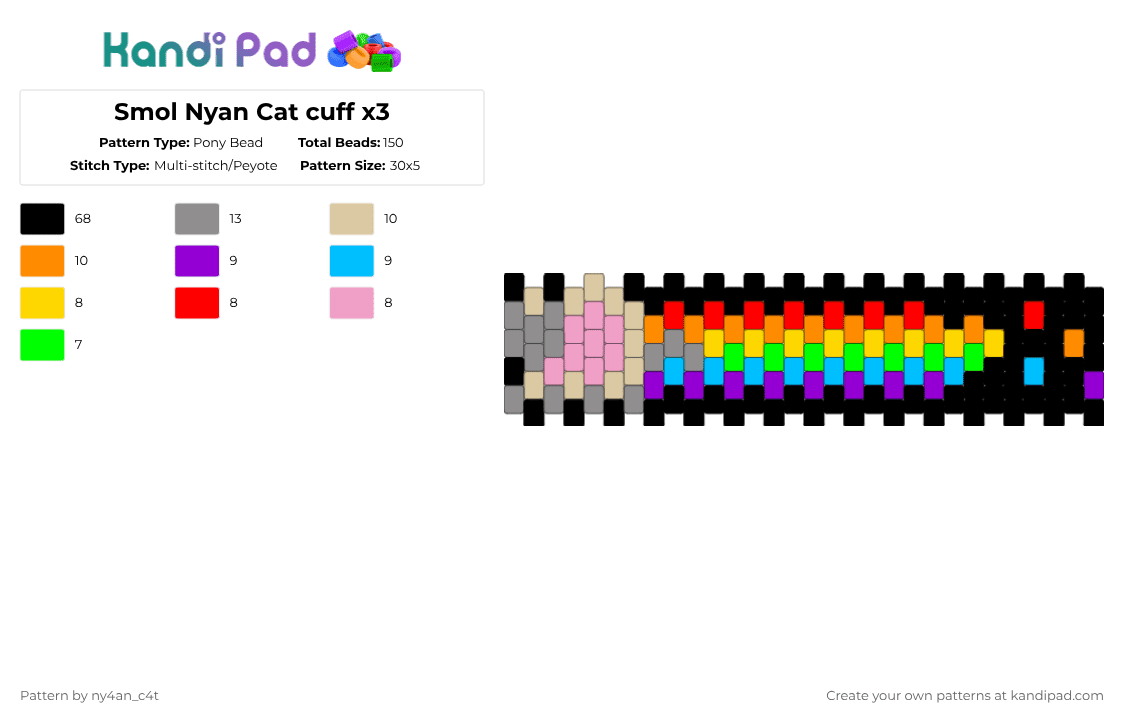 Smol Nyan Cat cuff x3 - Pony Bead Pattern by ny4an_c4t on Kandi Pad - black,light blue,gray,orange,pink,colorful
