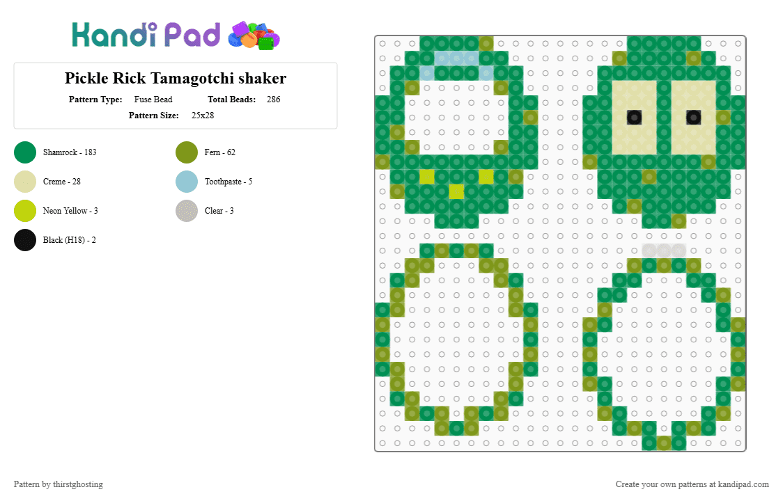Pickle Rick Tamagotchi shaker - Fuse Bead Pattern by thirstghosting on Kandi Pad - 3d perler, gold, green, rick and morty, rickandmorty