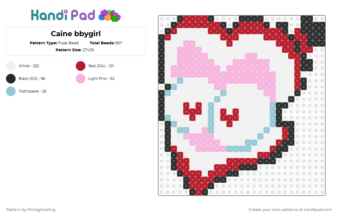 Caine bbygirl - Fuse Bead Pattern by thirstghosting on Kandi Pad - white,red,pink,tadc,digital circus