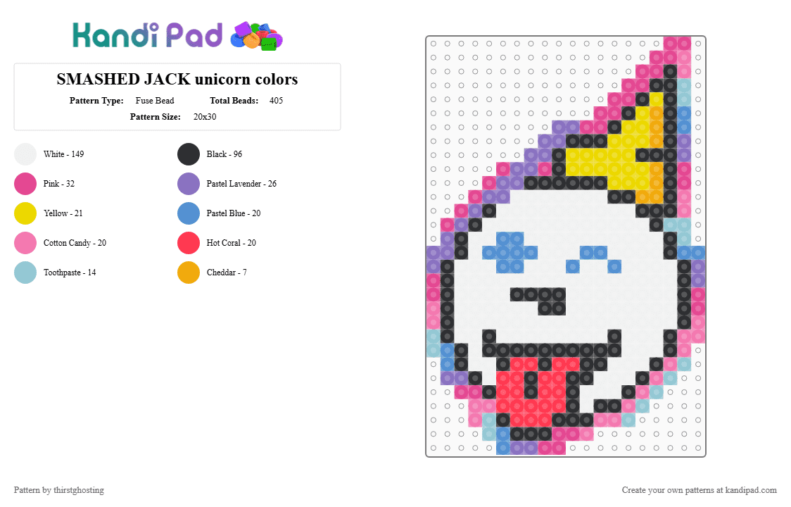 SMASHED JACK unicorn colors - Fuse Bead Pattern by thirstghosting on Kandi Pad - white,blue,light blue,pink,jack in the box