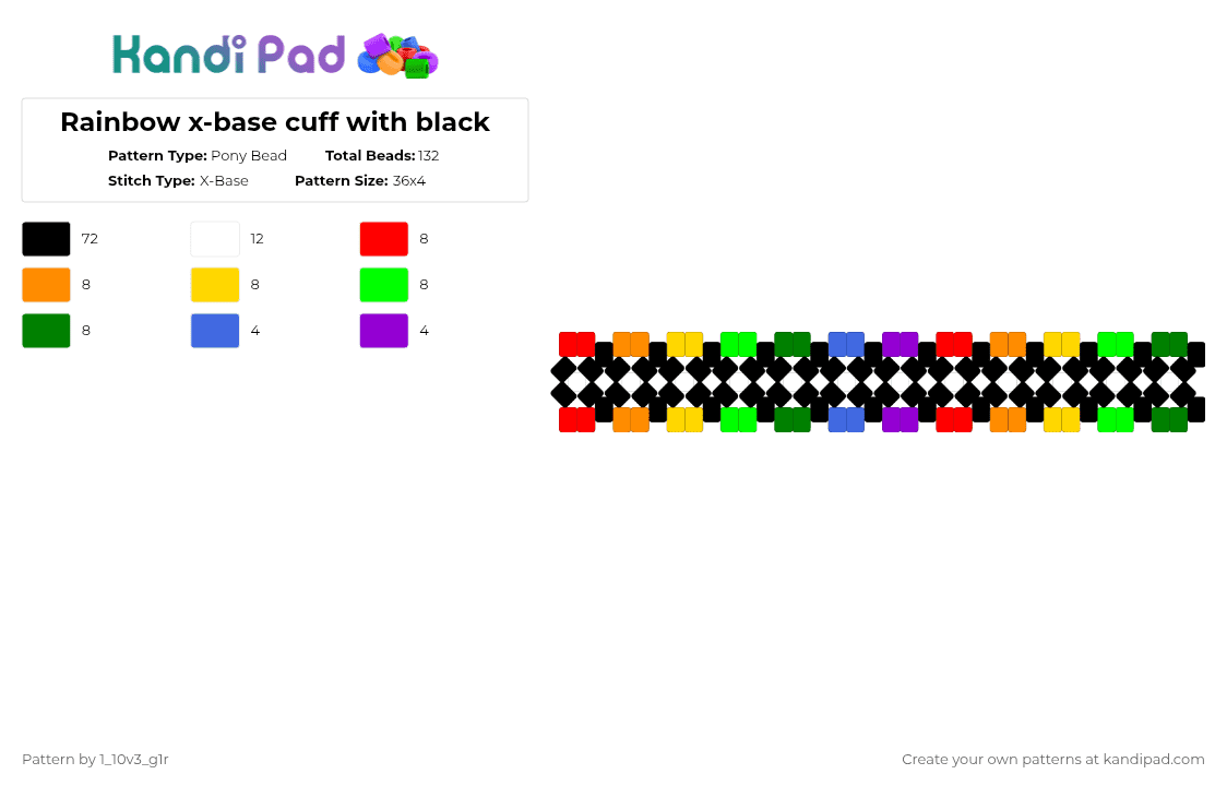 Rainbow x-base cuff with black - Pony Bead Pattern by 1_10v3_g1r on Kandi Pad - black,orange,green,colorful