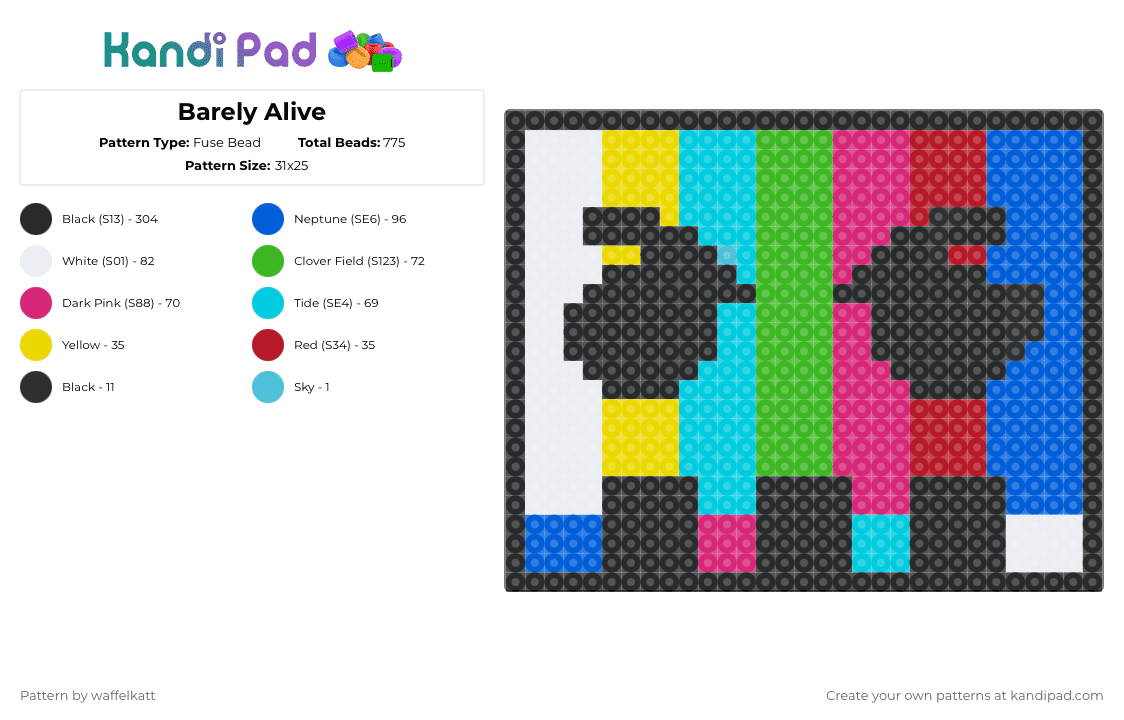 Barely Alive - Fuse Bead Pattern by waffelkatt on Kandi Pad - barely alive,dj,music,light blue,green,pink,blue