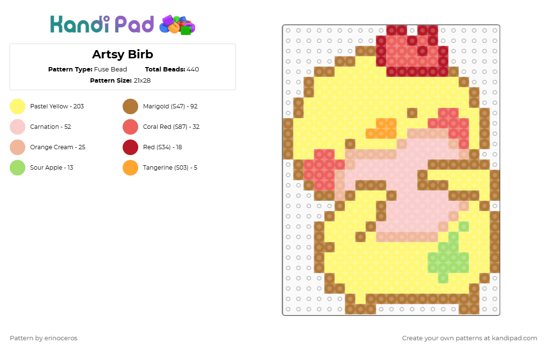 Artsy Birb - Fuse Bead Pattern by erinoceros on Kandi Pad - tan,yellow,beige