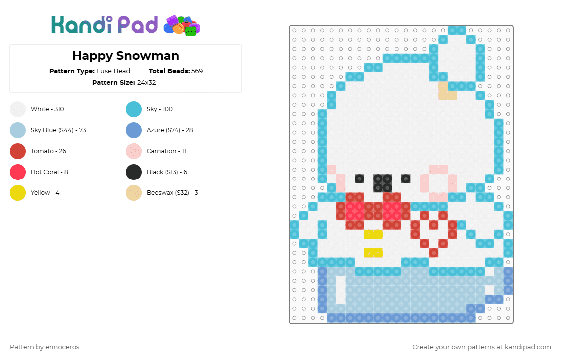 Happy Snowman - Fuse Bead Pattern by erinoceros on Kandi Pad - white,light blue