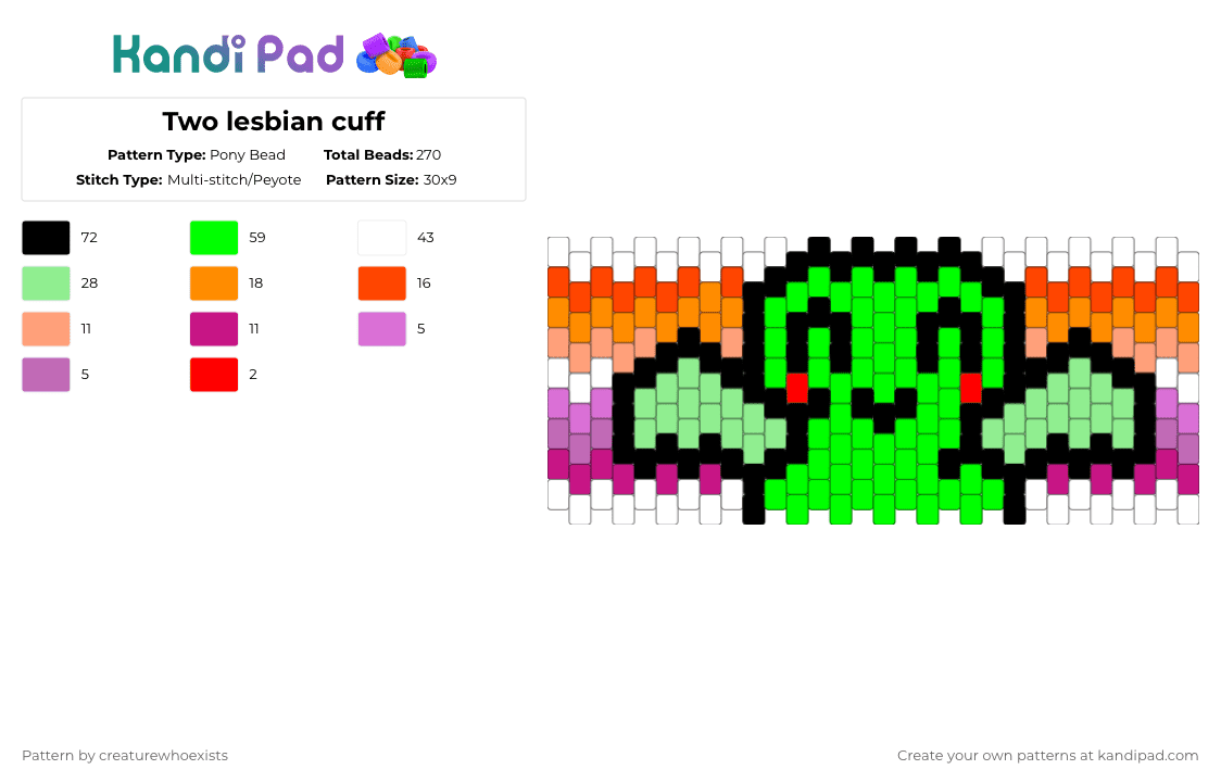 Two lesbian cuff - Pony Bead Pattern by creaturewhoexists on Kandi Pad - orange,green