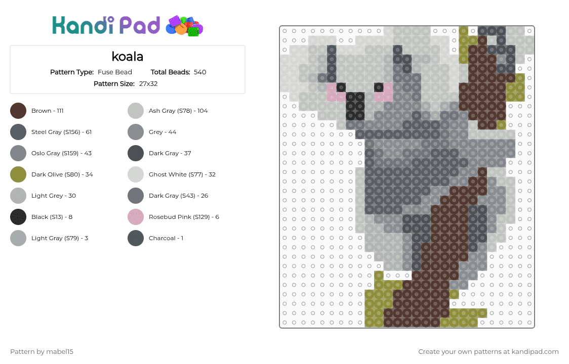 koala - Fuse Bead Pattern by mabel15 on Kandi Pad - beige,gray,brown,cotdkoalas,cute,koala,grey,keychain