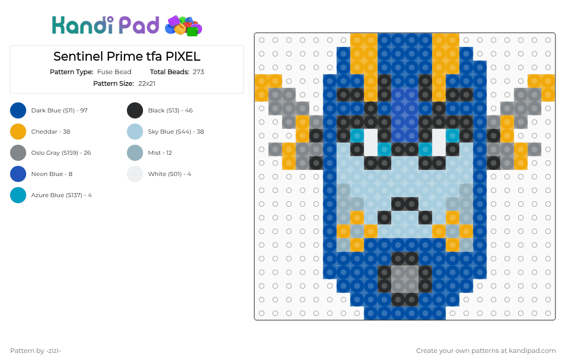 Sentinel Prime tfa PIXEL - Fuse Bead Pattern by -zizi- on Kandi Pad - blue, light blue, transformers