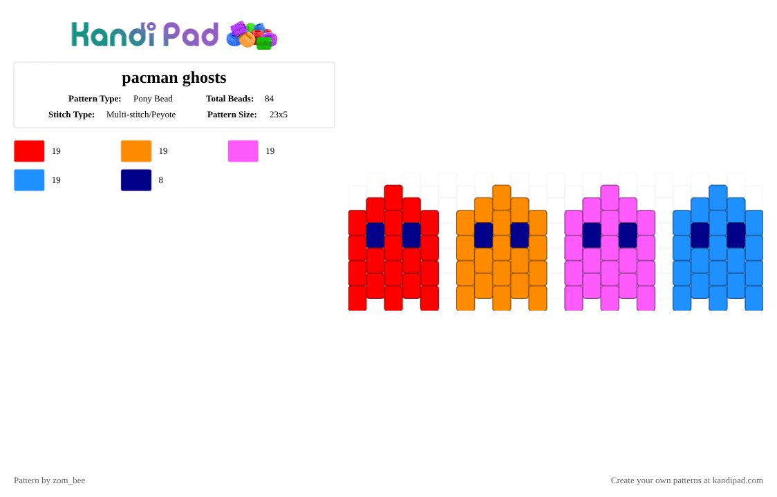 pacman ghosts - Pony Bead Pattern by zom_bee on Kandi Pad - red,orange,pink,light blue