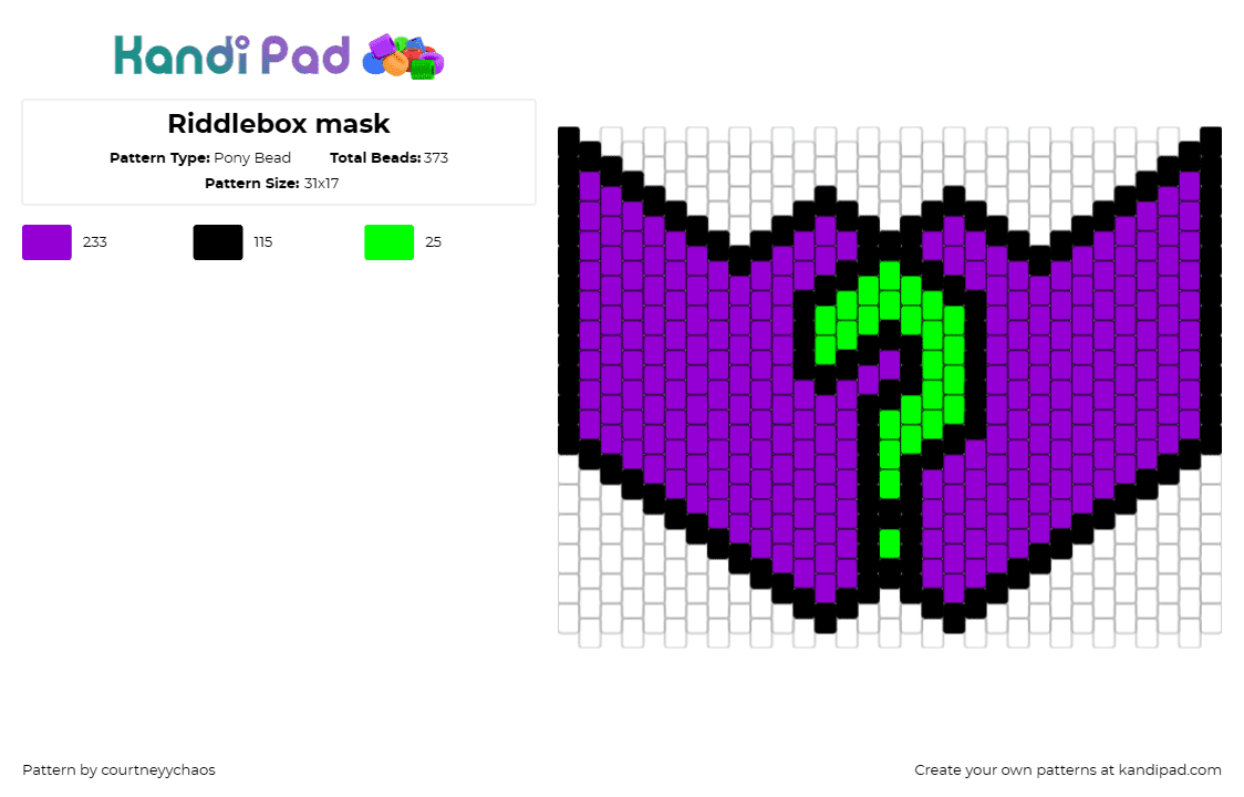 Riddlebox mask - Pony Bead Pattern by courtneyychaos on Kandi Pad - riddler,batman,mask,dc comics,question mark,mystery,comic,purple,green