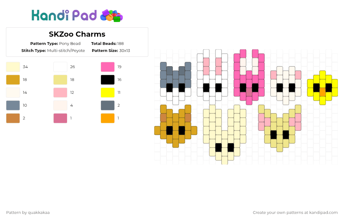 SKZoo Charms - Pony Bead Pattern by quakkakaa on Kandi Pad - pink,yellow,stray kids,skz,skzoo,animal,foxiny,bbokari,jiniret,wolf chan