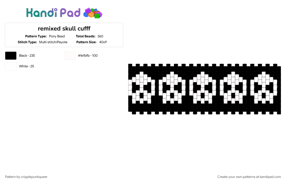 remixed skull cufff - Pony Bead Pattern by cripplepunkqueer on Kandi Pad - black, white
